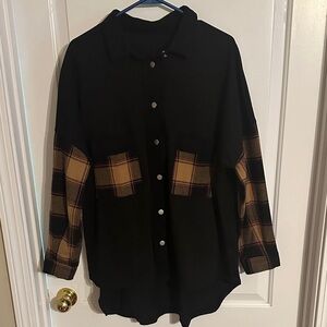 Black Shacket with Multicolor Plaid Sleeves
